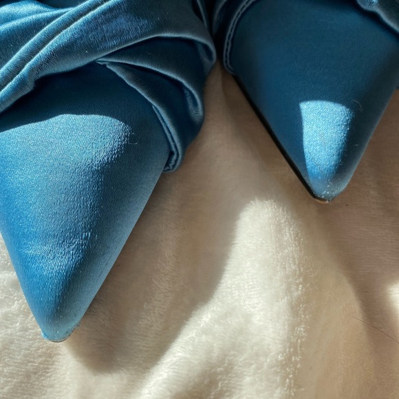 ZARA Trafaluc Teal Blue Satin Pointed Toe Mules – Ruched Slip-On Heels - Picture 2 of 10